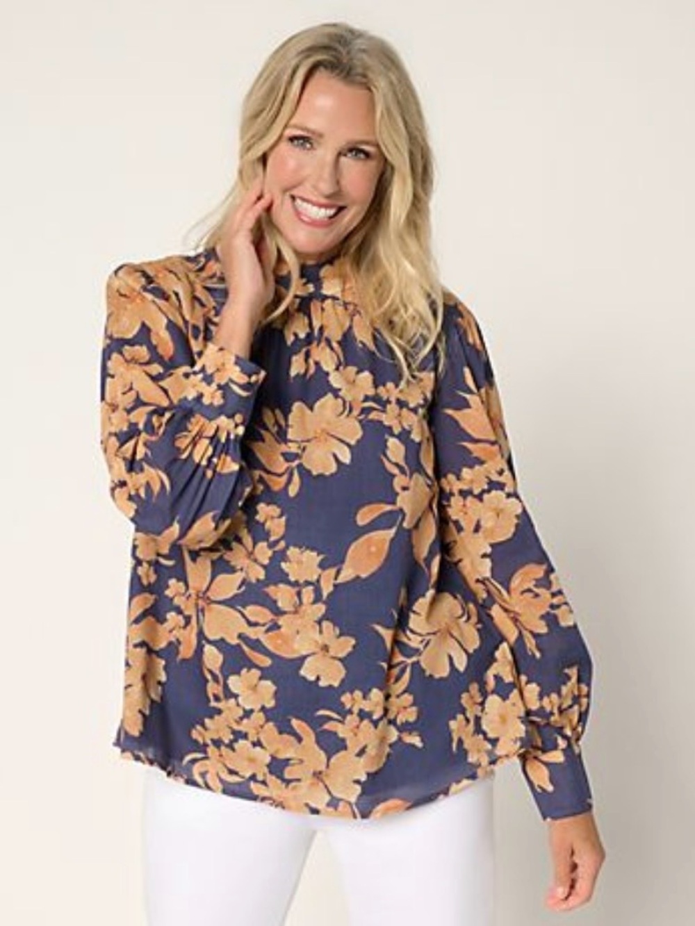Large Navy and Tan Floral Long-Sleeve Mock Neck Blouse women’s new in package